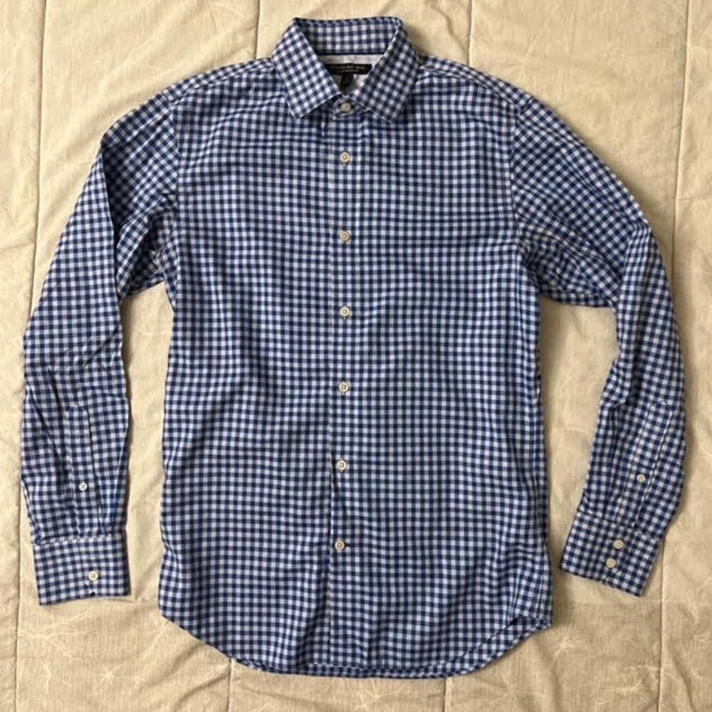 Banana Republic Non-Iron Slim Fit Shirt (Blue Checkered, Small)